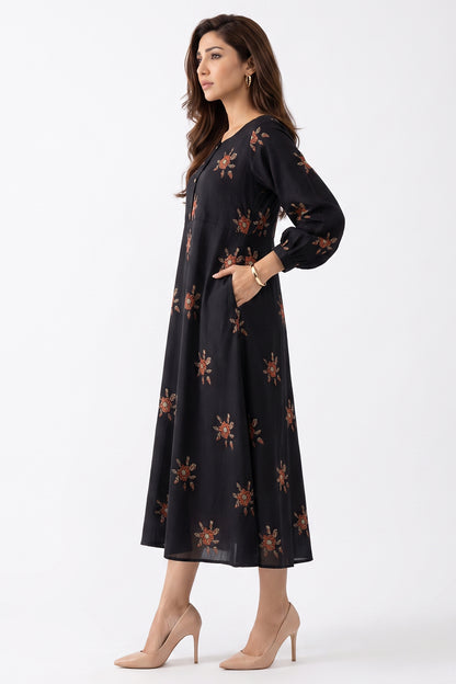 Black Rust Floral Swiss Bana Dora Maxi Dress