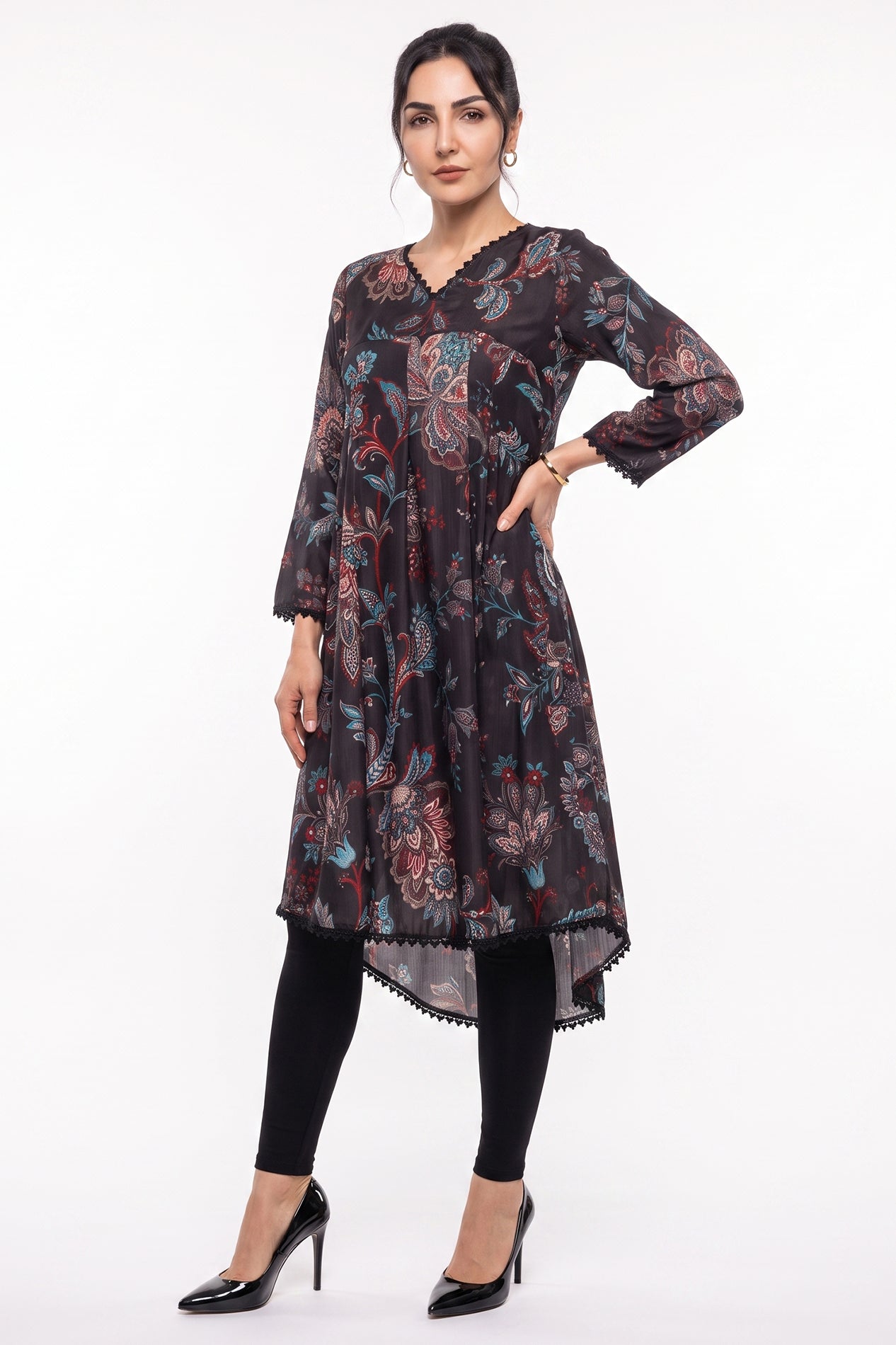 Charcoal Paisley Flared High-Low Hemline Bana Dora Frock