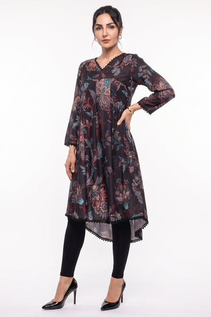 Charcoal Paisley Flared High-Low Hemline Bana Dora Frock