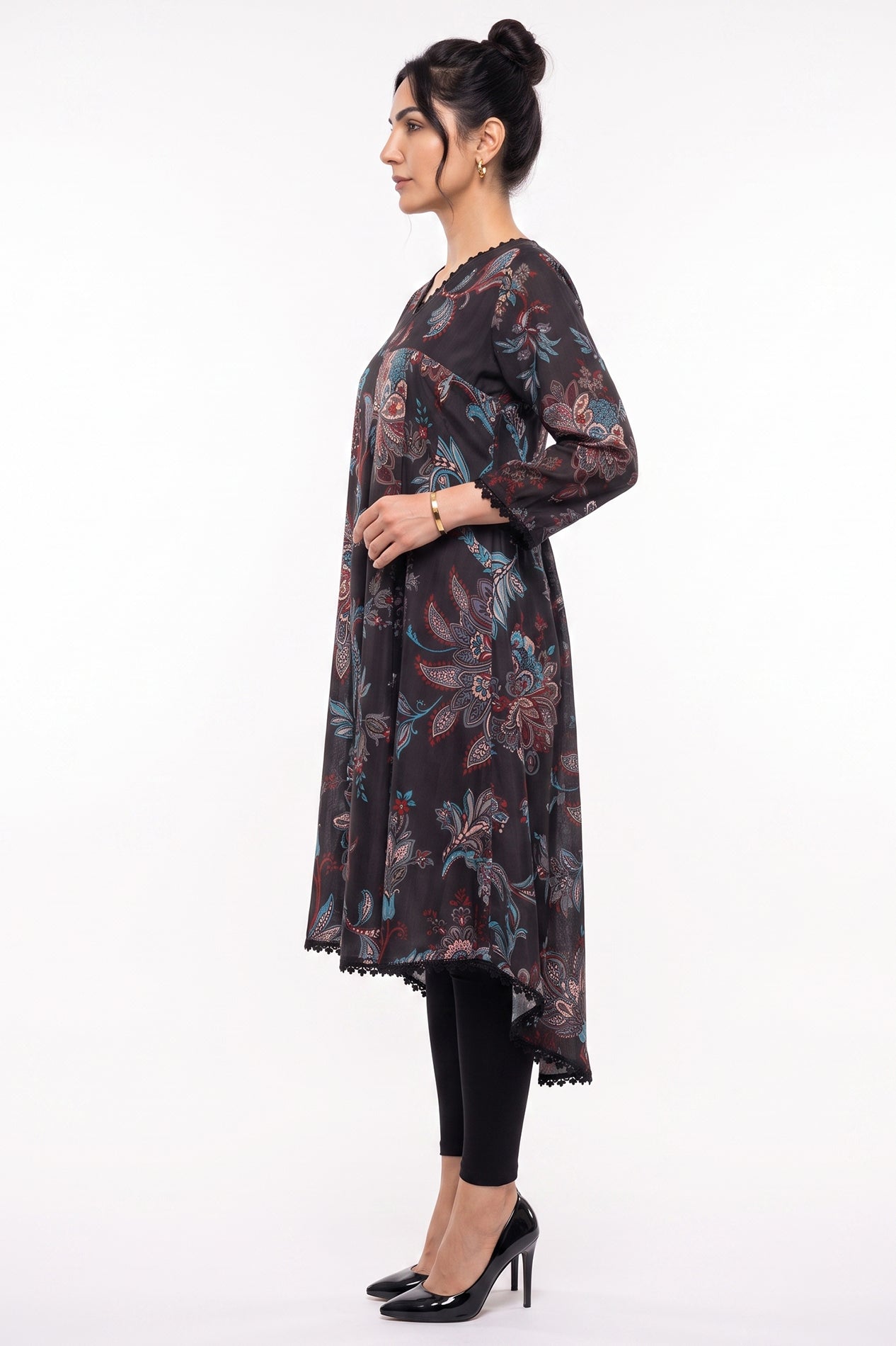 Charcoal Paisley Flared High-Low Hemline Bana Dora Frock
