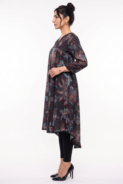 Charcoal Paisley Flared High-Low Hemline Bana Dora Frock