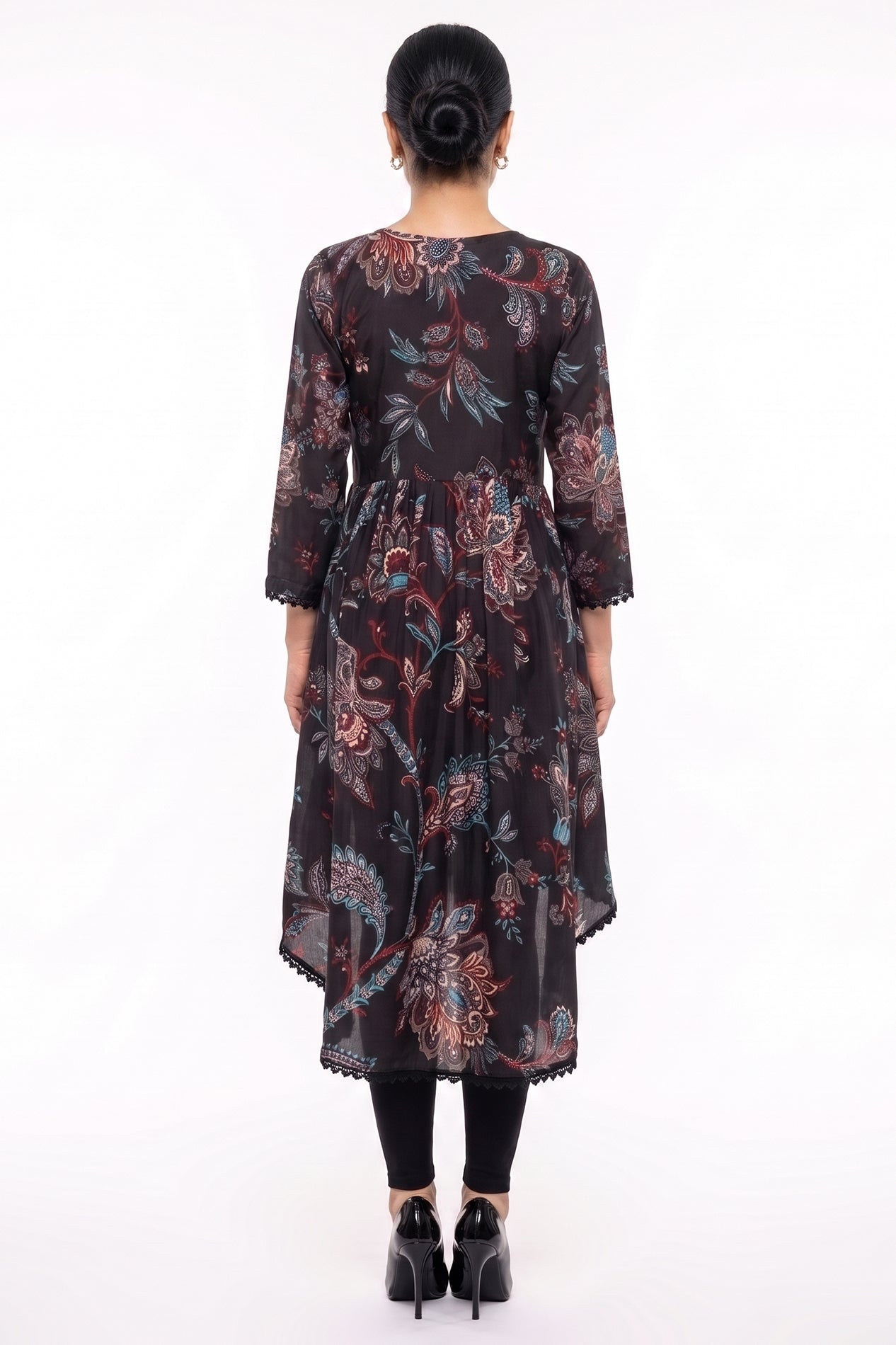 Charcoal Paisley Flared High-Low Hemline Bana Dora Frock