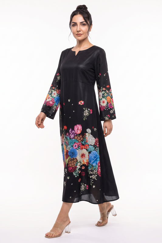 Full-length front view of BOLDSTEP Black Garden Floral Swiss Bana Dora Maxi Dress.