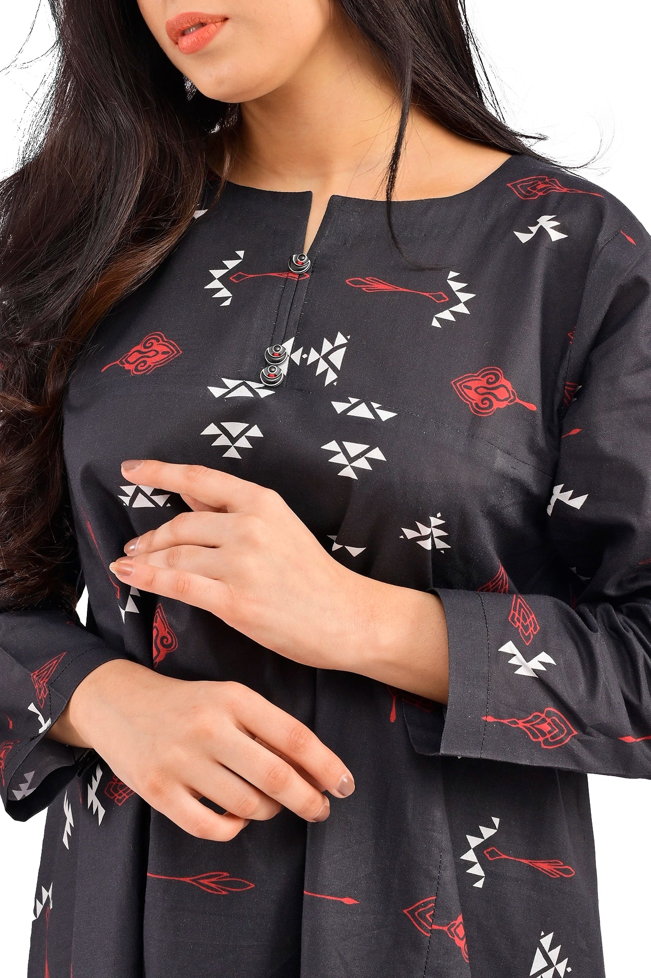 Detailed view of the fabric pattern on a black long dress with intricate red and white prints, displaying the delicate design. BOLDSTEP BOLDSTEP.PK