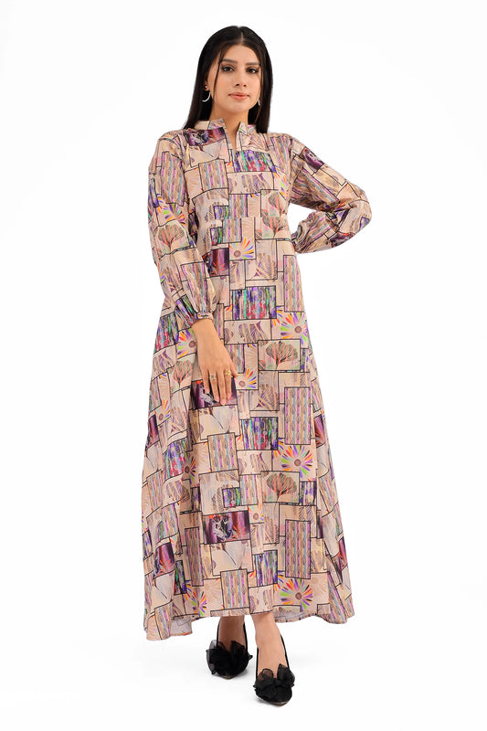 Front view of a beige A-line dress featuring a colorful geometric patchwork design, a mandarin collar with a front slit, and full-length sleeves with elasticated cuffs, paired with black heels. BOLDSTEP BOLDSTEP.PK