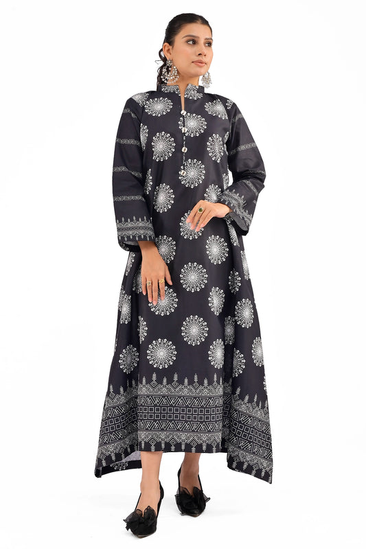 Front view of a black dress with intricate white medallion motifs and metallic button detailing on the high-collar neckline, styled with statement earrings. BOLDSTEP BOLDSTEP.PK