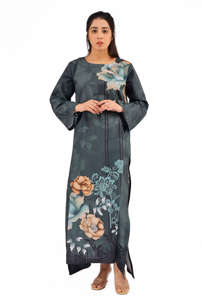 A dark slate straight-cut long dress with a rounded neckline, full-length slightly flared sleeves, and an artistic floral print featuring peach and blue roses with teal leafy accents at the hem, worn by a model standing gracefully. BOLDSTEP BOLDSTEP.PK