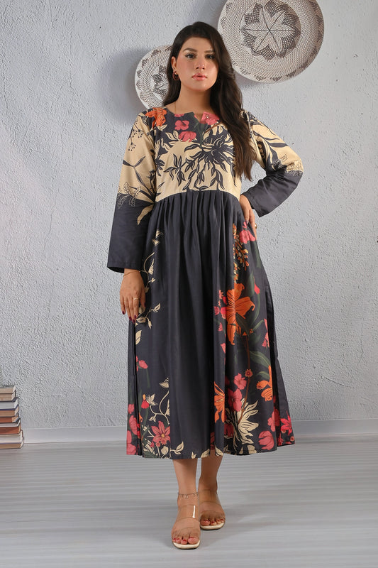 Model wearing BOLDSTEP floral printed cotton maxi dress in beige and black with red-orange flowers – BOLD STEP exclusive at BOLDSTEP.PK | BOLDSTEP STORE