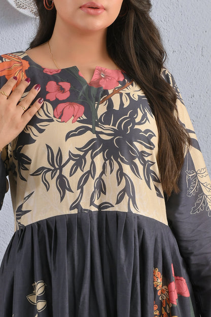 Close-up of neckline and floral print details on BOLDSTEP premium cotton maxi dress, beige and black two-tone design with red floral accents – BOLDSTEP.PK collection