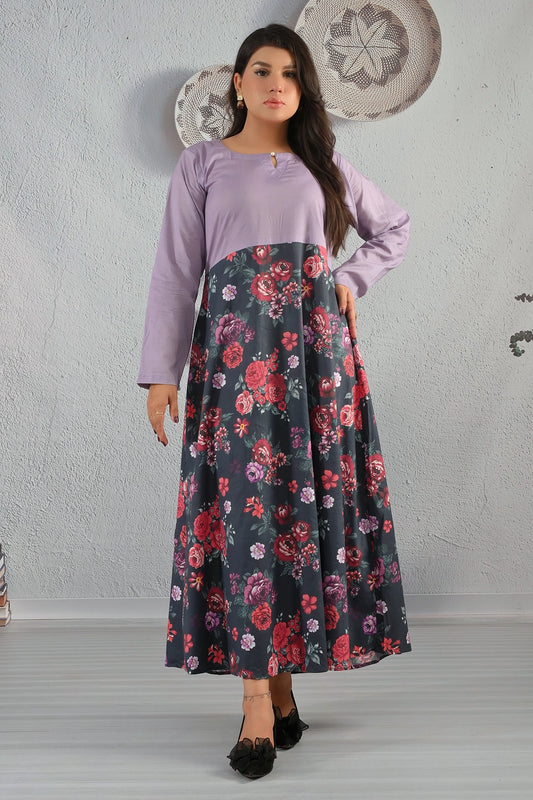 Front look of BOLDSTEP lavender and charcoal floral maxi dress in premium cotton with red rose patterns – Chic and breathable BOLD STEP outfit from BOLDSTEP STORE.