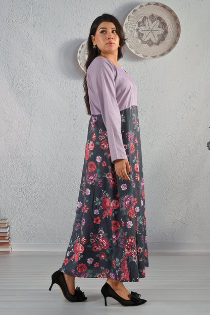 Side pose of BOLDSTEP lavender cotton maxi dress with dark floral print, full sleeves, and flowy silhouette – Available exclusively at BOLD STEP | BOLDSTEP.PK | BOLDSTEP STORE.