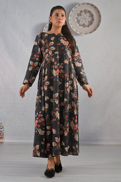 BOLDSTEP black floral printed cotton maxi dress featuring beige and red flower motifs on a dark base with full sleeves – elegant long dress by BOLD STEP | BOLDSTEP.PK | BOLDSTEP STORE.