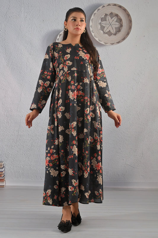 BOLDSTEP black floral printed cotton maxi dress featuring beige and red flower motifs on a dark base with full sleeves – elegant long dress by BOLD STEP | BOLDSTEP.PK | BOLDSTEP STORE.