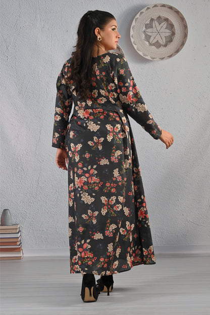 Back view of BOLDSTEP black floral printed maxi dress with all-over multicolor floral pattern and flowy silhouette – premium cotton outfit from BOLD STEP | BOLDSTEP.PK | BOLDSTEP STORE.