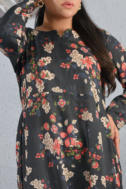 Close-up of BOLDSTEP floral printed cotton maxi dress showing detailed red and beige flower design and neckline stitching – chic fashion from BOLD STEP | BOLDSTEP.PK | BOLDSTEP STORE.