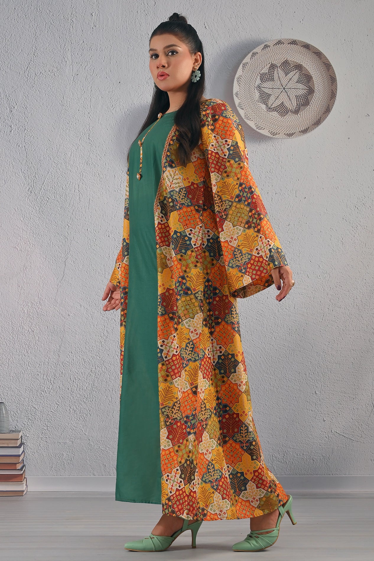 Side view of BOLDSTEP multicolor printed maxi dress featuring bold ethnic patterns and soft cotton fabric – chic and modern design by BOLD STEP | BOLDSTEP.PK | BOLDSTEP STORE.