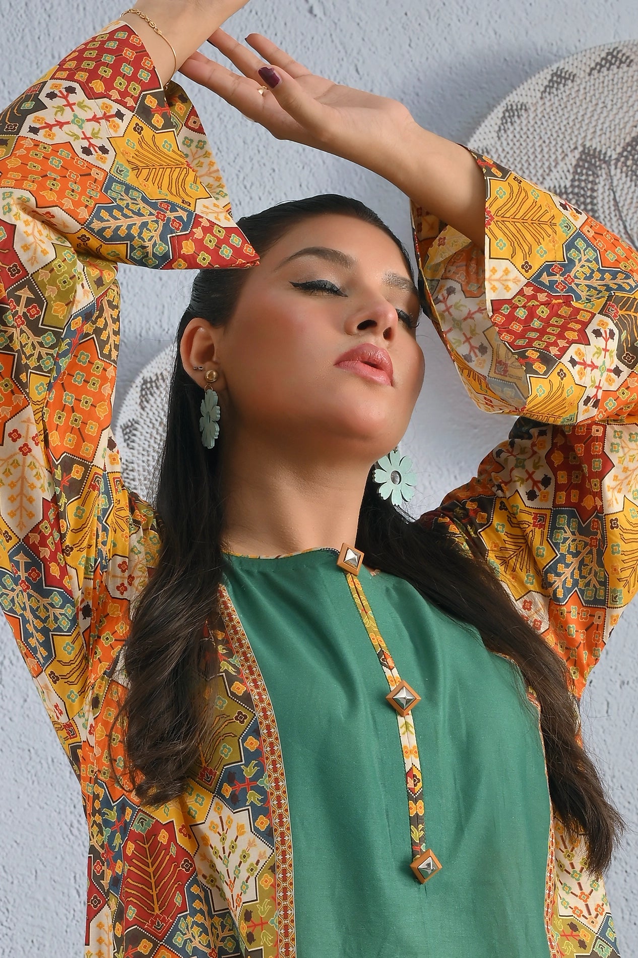Close-up of BOLDSTEP cotton maxi dress showing detailed neckline and colorful printed sleeves – premium craftsmanship from BOLD STEP | BOLDSTEP.PK | BOLDSTEP STORE.