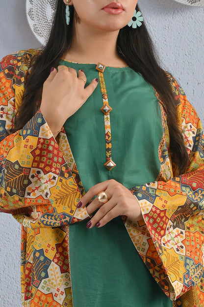 BOLDSTEP detailed fabric close-up of cotton maxi dress with green base and patterned sleeves featuring decorative buttons – elegant finish by BOLD STEP | BOLDSTEP.PK | BOLDSTEP STORE.