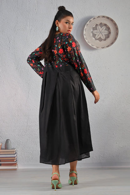 Back view of BOLDSTEP black maxi dress with floral top and soft pleated skirt – stylish and modest outfit for women by BOLD STEP | BOLDSTEP.PK | BOLDSTEP STORE.