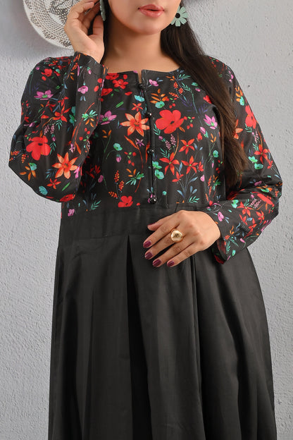 Close-up of BOLDSTEP floral printed maxi dress showing front buttons, vibrant red and purple flowers, and fine stitching – premium craftsmanship by BOLD STEP | BOLDSTEP.PK | BOLDSTEP STORE.