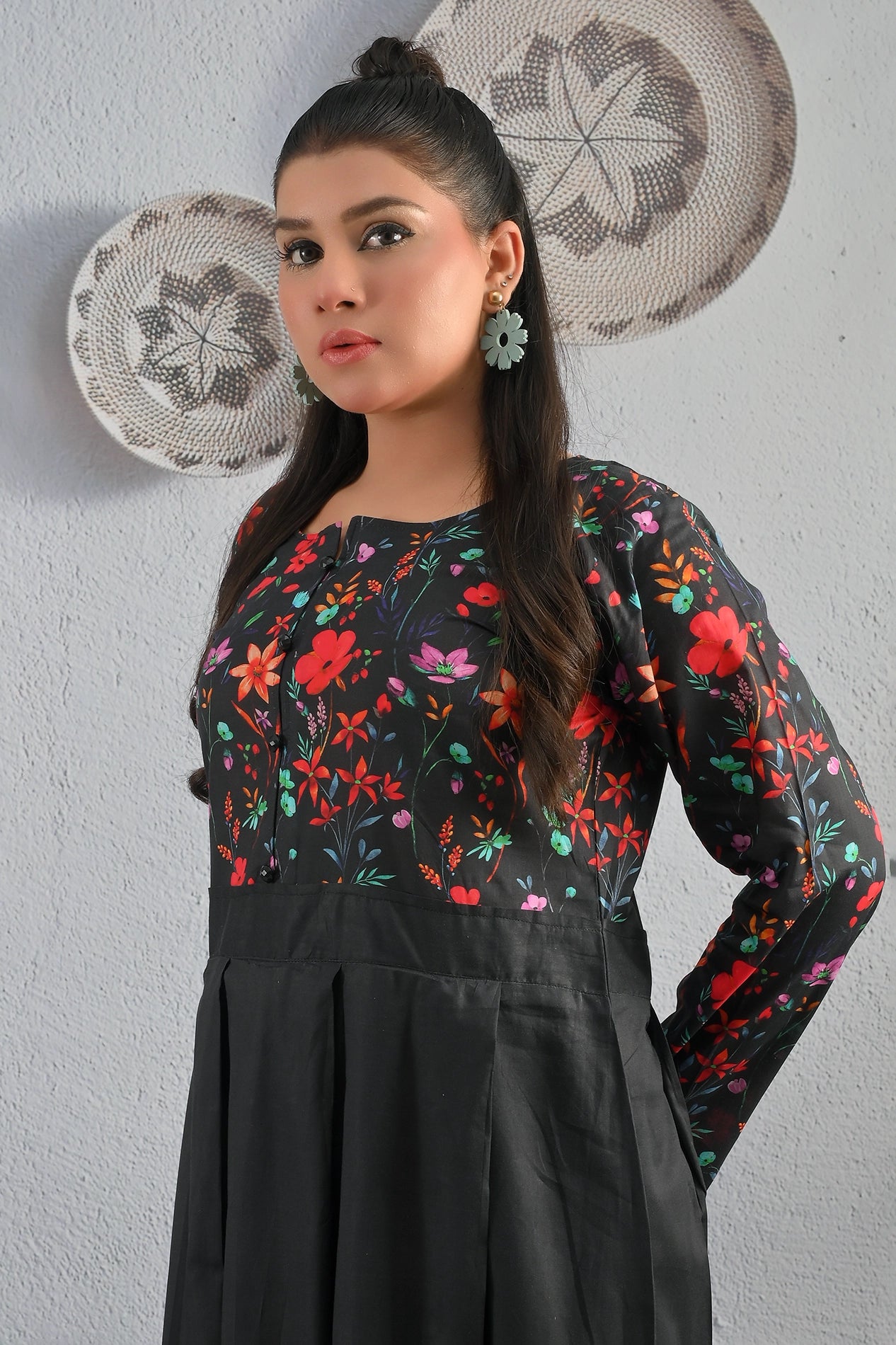 BOLDSTEP black cotton maxi dress with colorful floral print top and solid black pleated skirt – modern elegant style from BOLD STEP | BOLDSTEP.PK | BOLDSTEP STORE.