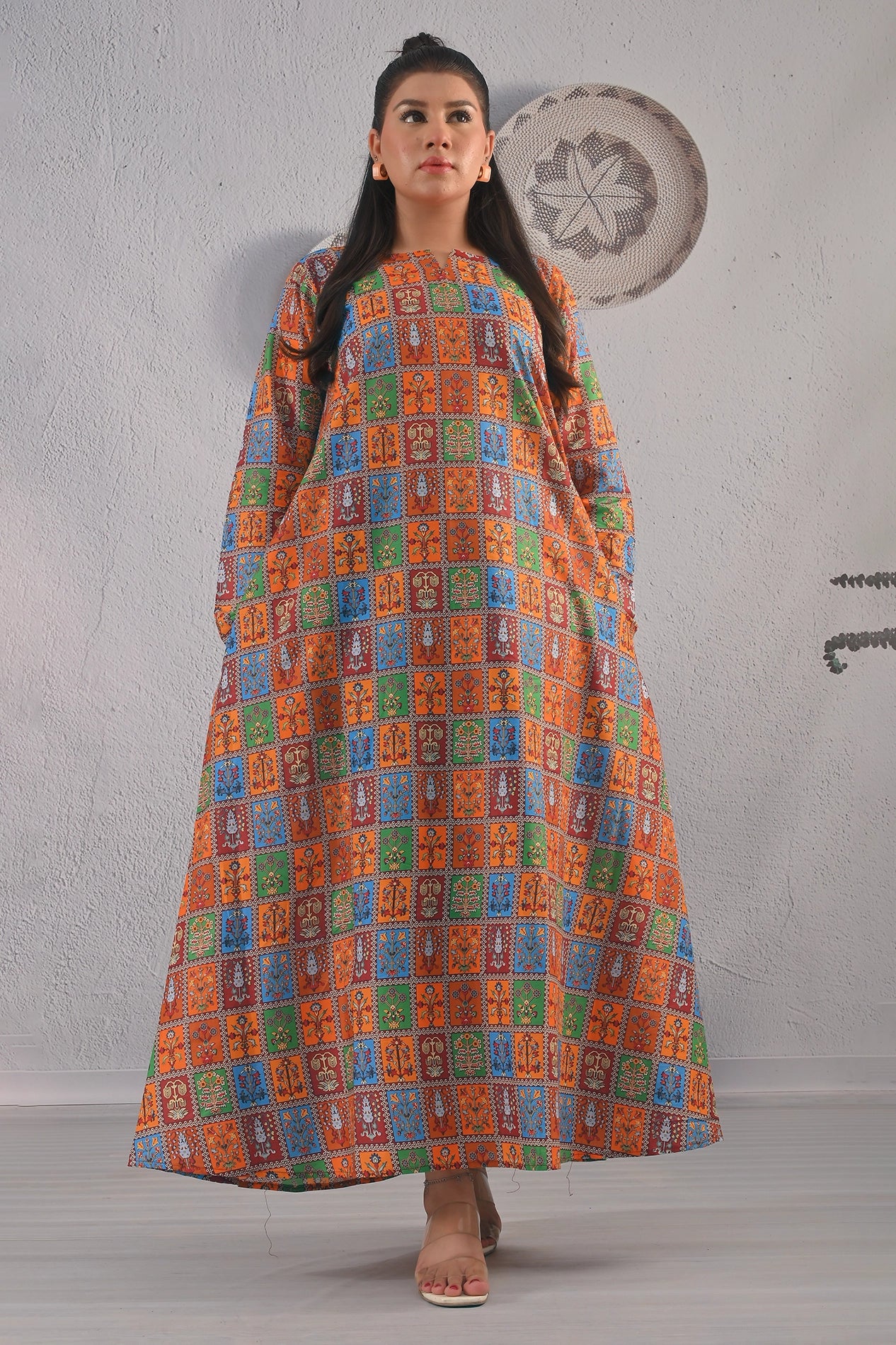 Full front view of BOLDSTEP multicolor ethnic print maxi dress featuring traditional motifs, long sleeves, and relaxed fit – vibrant Pakistani fashion | BOLD STEP | BOLDSTEP.PK | BOLDSTEP STORE.