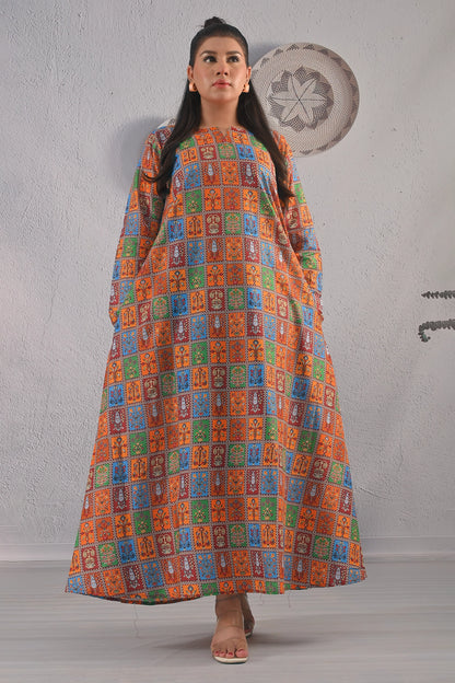 Full front view of BOLDSTEP multicolor ethnic print maxi dress featuring traditional motifs, long sleeves, and relaxed fit – vibrant Pakistani fashion | BOLD STEP | BOLDSTEP.PK | BOLDSTEP STORE.