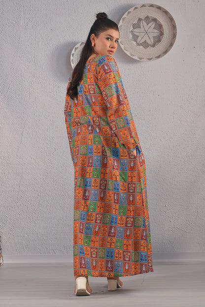 Back view of BOLDSTEP colorful ethnic printed maxi dress with bold square motifs and full-length coverage – stylish modest outfit | BOLD STEP | BOLDSTEP.PK | BOLDSTEP STORE.