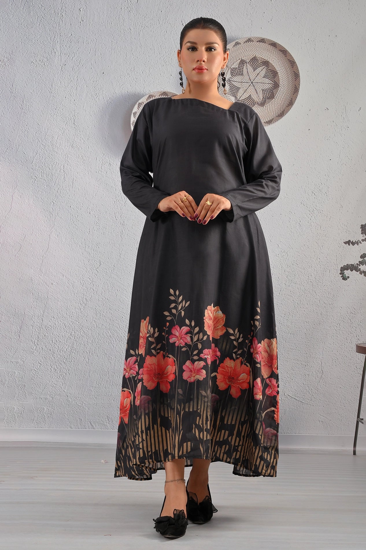 Front view of BOLDSTEP black long maxi dress with floral border print in red and pink hues – classic minimal design | BOLD STEP | BOLDSTEP.PK | BOLDSTEP STORE.