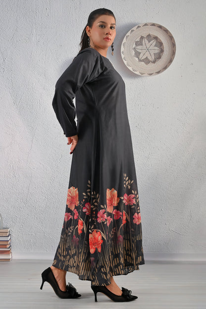 Side profile of BOLDSTEP black maxi dress with red and coral floral print at the hemline – graceful modern ethnic wear | BOLD STEP | BOLDSTEP.PK | BOLDSTEP STORE.
