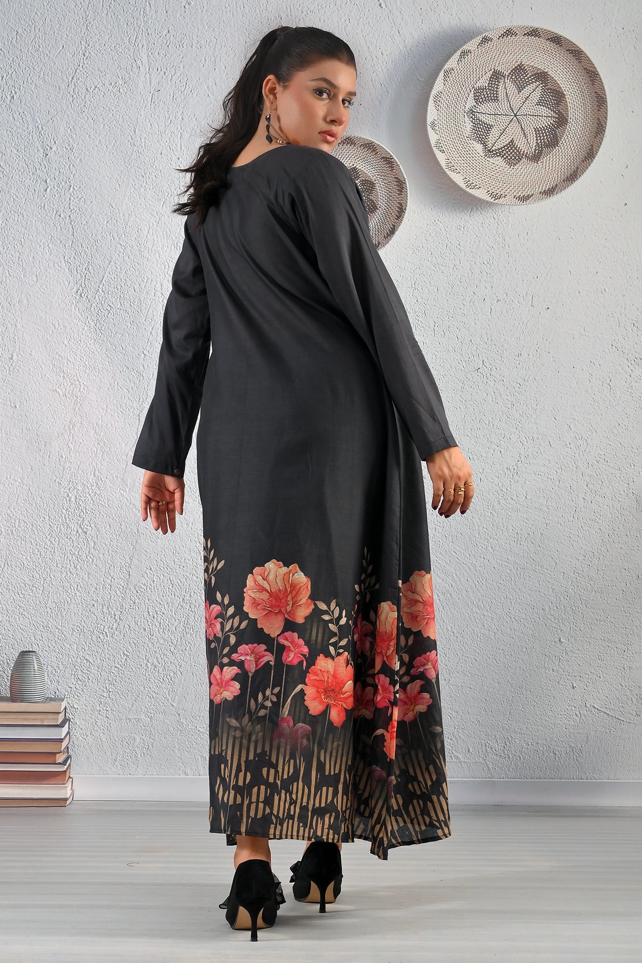 BOLDSTEP black floral printed maxi dress back view featuring red and peach flower border print – elegant full-length outfit | BOLD STEP | BOLDSTEP.PK | BOLDSTEP STORE.