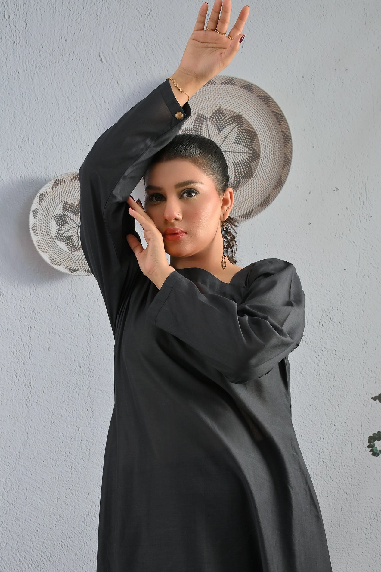 Close-up shot of BOLDSTEP black cotton maxi dress showing sleeve detailing and neckline – soft breathable fabric | BOLD STEP | BOLDSTEP.PK | BOLDSTEP STORE.