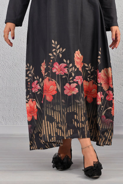 Hemline close-up of BOLDSTEP black maxi dress showcasing red floral border and golden grass print – premium cotton finish | BOLD STEP | BOLDSTEP.PK | BOLDSTEP STORE.
