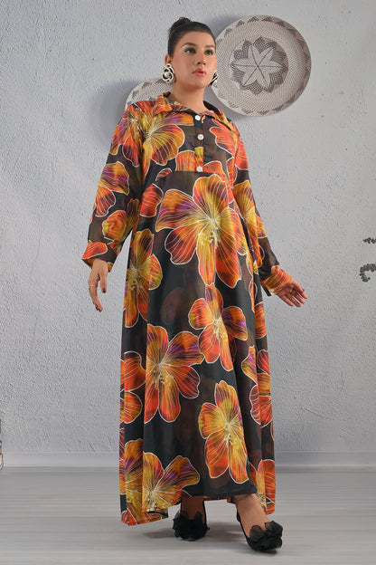 Front full-length view of BOLDSTEP floral printed black maxi dress with buttoned neckline and large orange flower motifs – premium cotton outfit | BOLD STEP | BOLDSTEP.PK | BOLDSTEP STORE.