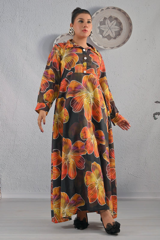 Front full-length view of BOLDSTEP floral printed black maxi dress with buttoned neckline and large orange flower motifs – premium cotton outfit | BOLD STEP | BOLDSTEP.PK | BOLDSTEP STORE.