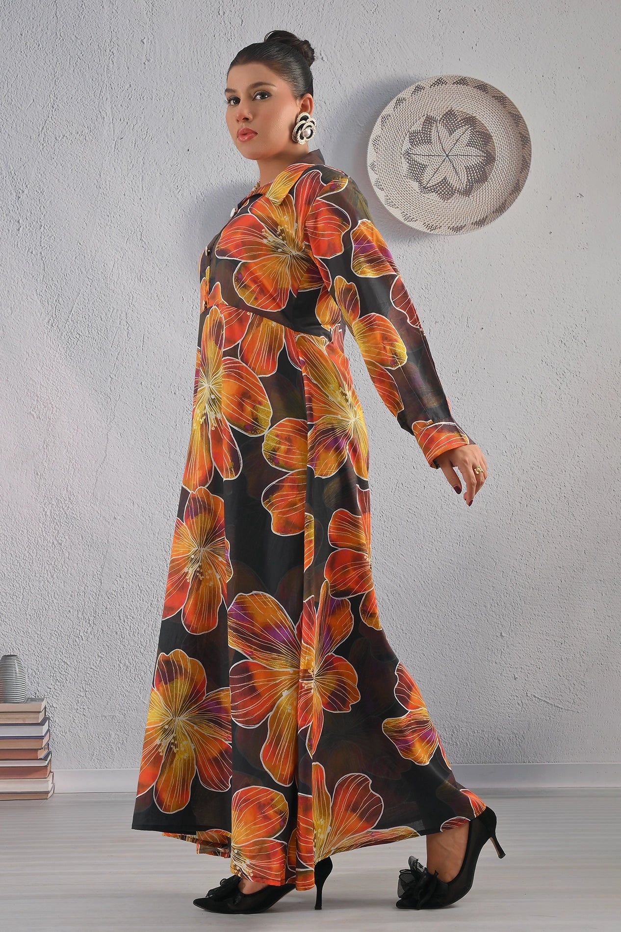 Side angle of BOLDSTEP long cotton maxi dress with oversized floral pattern in orange and gold tones – flowy and elegant casual wear | BOLD STEP | BOLDSTEP.PK | BOLDSTEP STORE.