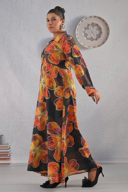 Side angle of BOLDSTEP long cotton maxi dress with oversized floral pattern in orange and gold tones – flowy and elegant casual wear | BOLD STEP | BOLDSTEP.PK | BOLDSTEP STORE.