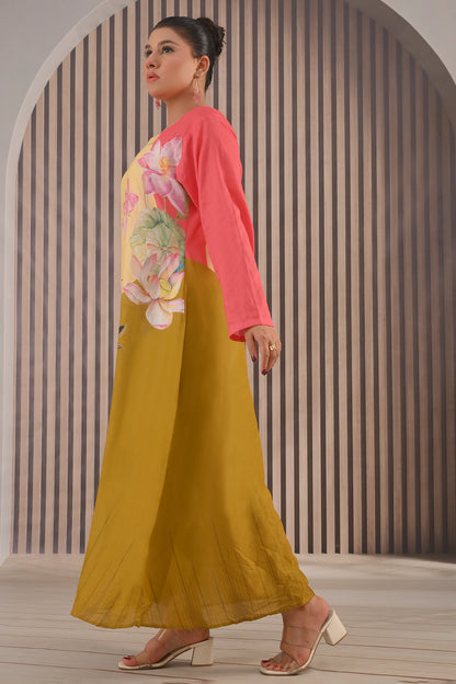 Side view of BOLDSTEP color-block maxi dress with coral pink sleeve and floral artwork – soft breathable cotton dress for women | BOLD STEP | BOLDSTEP.PK | BOLDSTEP STORE.