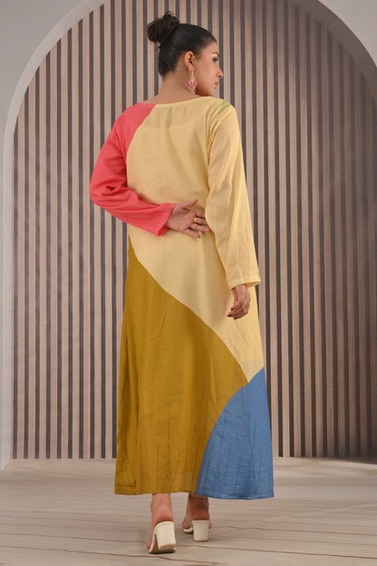 Back view of BOLDSTEP color-block cotton maxi dress in pastel yellow, mustard, blue, and coral tones – comfortable and trendy summer outfit | BOLD STEP | BOLDSTEP.PK | BOLDSTEP STORE.