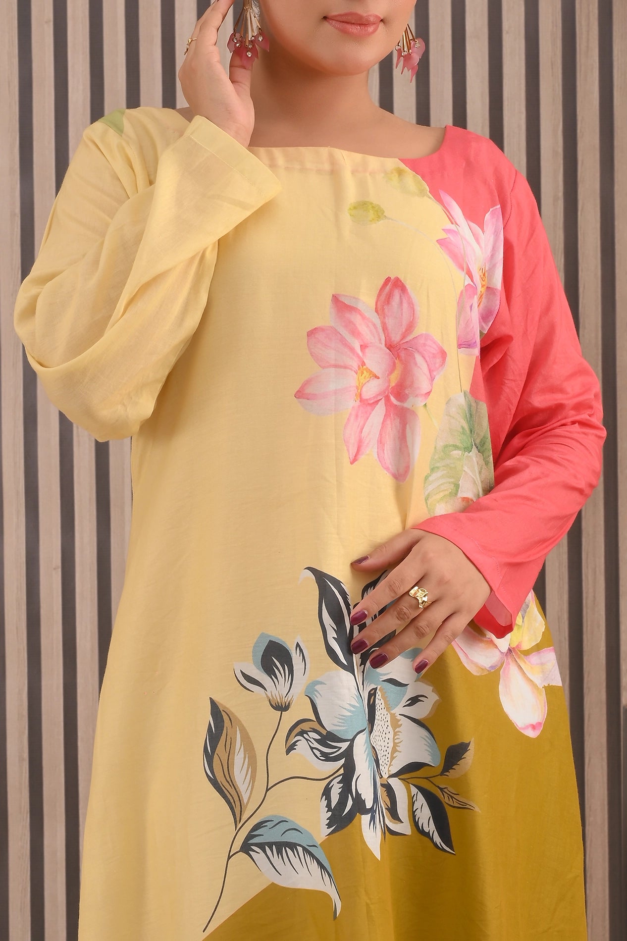 Close-up of BOLDSTEP color-block cotton maxi dress with pink and yellow floral print and soft pastel hues – elegant summer fashion | BOLD STEP | BOLDSTEP.PK | BOLDSTEP STORE.