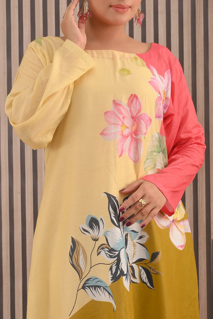 Close-up of BOLDSTEP color-block cotton maxi dress with pink and yellow floral print and soft pastel hues – elegant summer fashion | BOLD STEP | BOLDSTEP.PK | BOLDSTEP STORE.