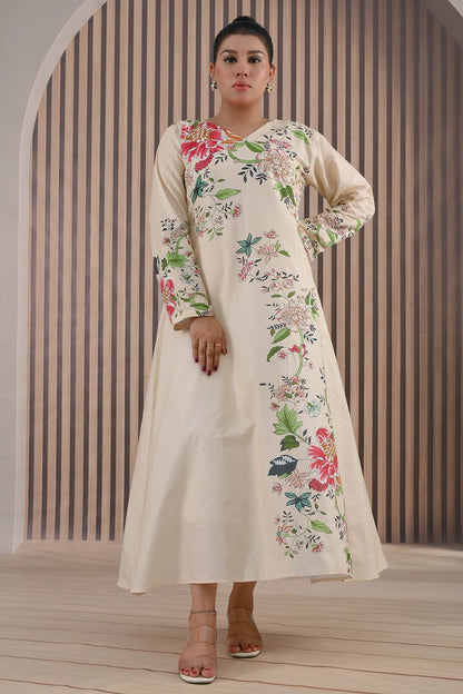 Front full view of BOLDSTEP cream cotton maxi dress with multicolor floral print along neckline and hem – elegant stitched outfit for women | BOLD STEP | BOLDSTEP.PK | BOLDSTEP STORE.