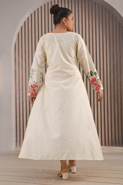 Back view of BOLDSTEP cream maxi dress with floral printed sleeves – minimal yet stylish stitched long dress for women | BOLD STEP | BOLDSTEP.PK | BOLDSTEP STORE.