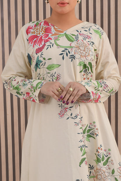 Close-up of BOLDSTEP cream maxi dress neckline and sleeves with multicolor floral print detailing – sophisticated stitched cotton outfit | BOLD STEP | BOLDSTEP.PK | BOLDSTEP STORE.
