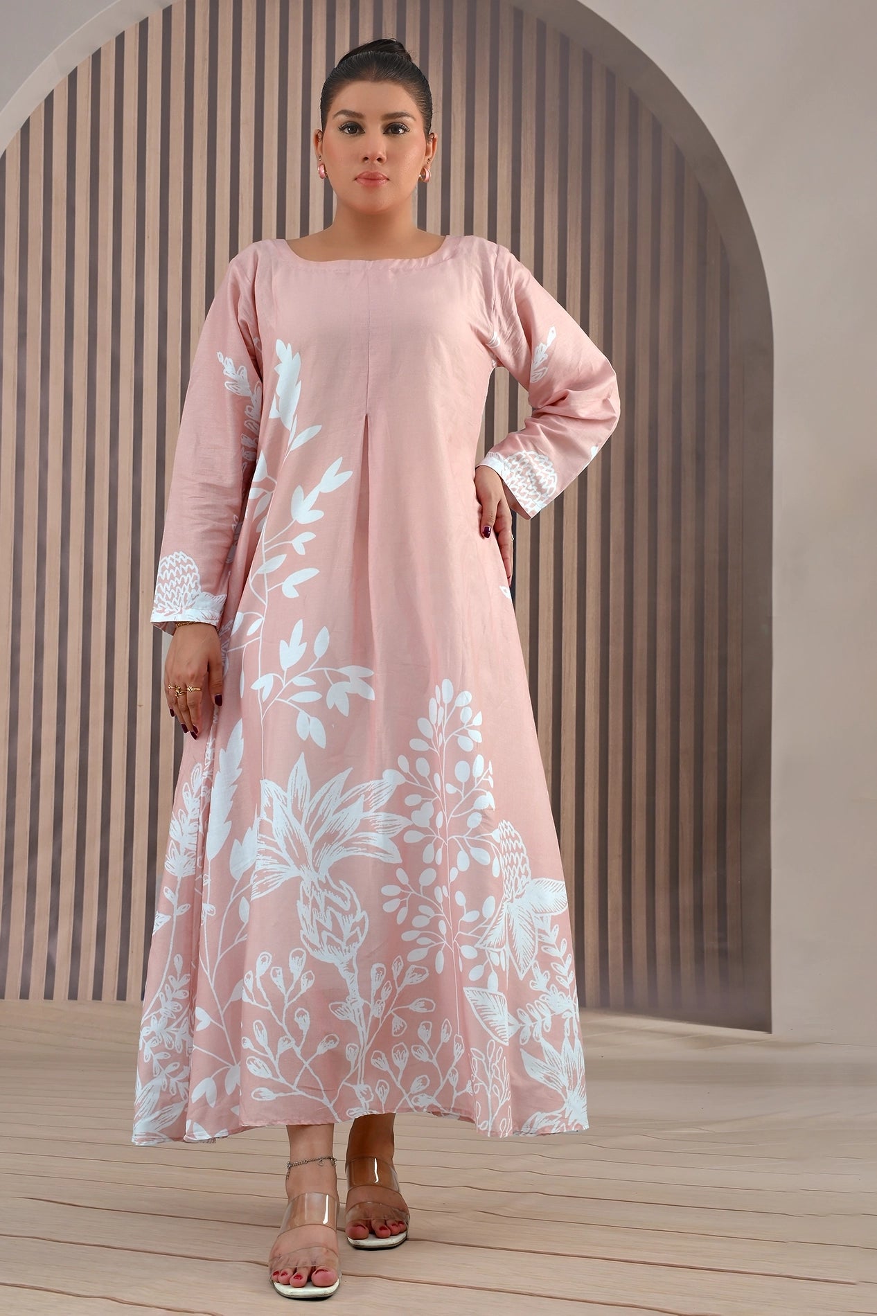Front full view of BOLDSTEP blush pink cotton maxi dress with elegant white floral print — long-sleeved stitched outfit for women | BOLD STEP | BOLDSTEP.PK | BOLDSTEP STORE.
