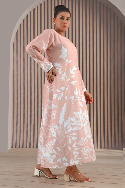 Side view of BOLDSTEP pastel pink floral maxi dress featuring white botanical prints and flowy A-line silhouette — chic stitched dress | BOLD STEP | BOLDSTEP.PK | BOLDSTEP STORE.