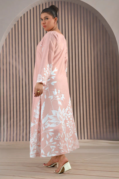 Back angled view of BOLDSTEP pink maxi dress with soft white floral motifs on sleeves and hem — graceful everyday wear for women | BOLD STEP | BOLDSTEP.PK | BOLDSTEP STORE.