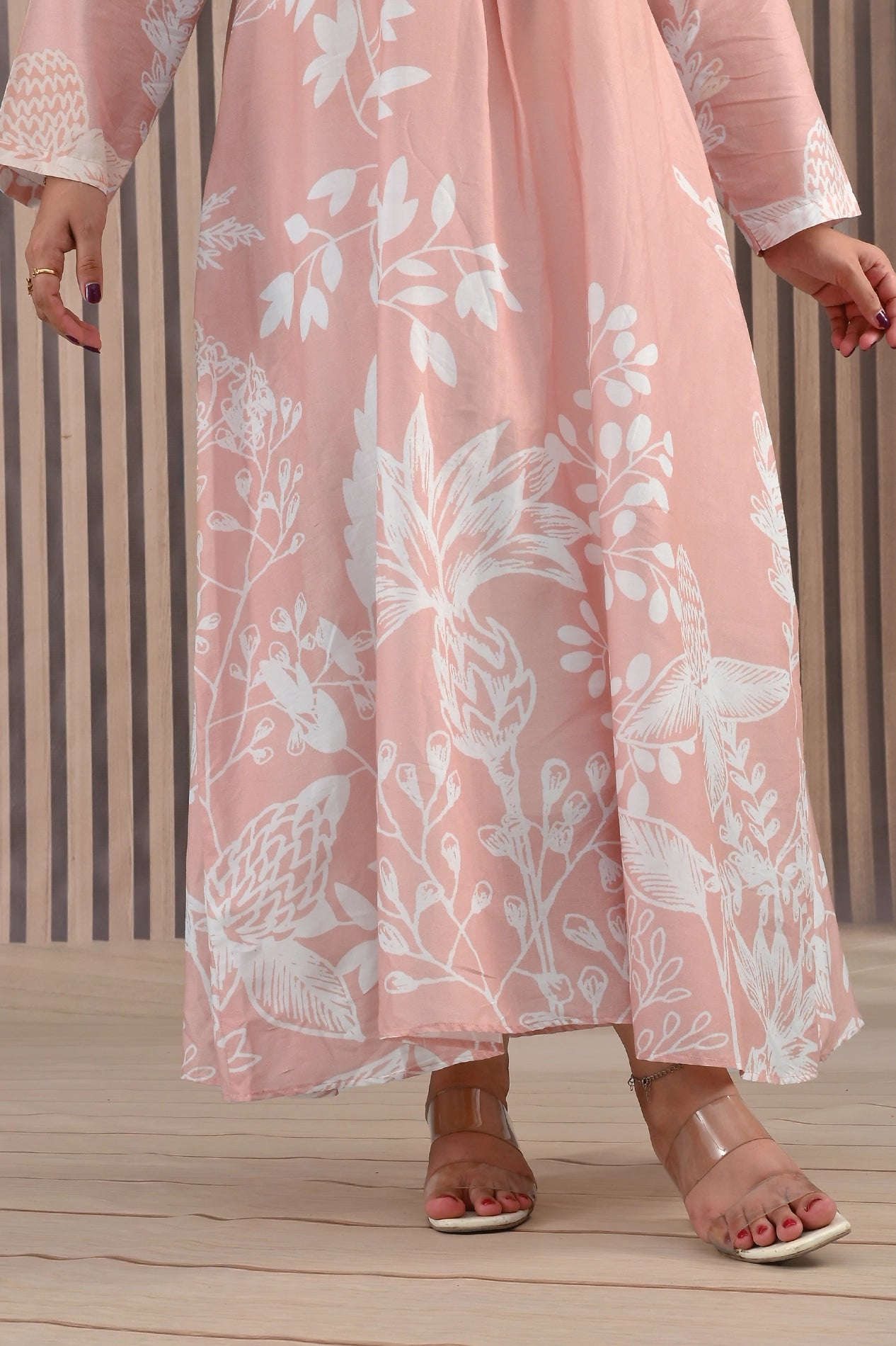 Close-up of hemline on BOLDSTEP blush pink maxi dress showing intricate white floral detailing — premium cotton stitched outfit | BOLD STEP | BOLDSTEP.PK | BOLDSTEP STORE.