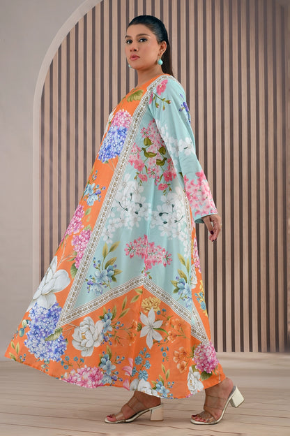Side view of BOLDSTEP multicolor floral maxi dress with orange and turquoise panels, soft fabric flow, and detailed floral pattern | BOLD STEP | BOLDSTEP.PK | BOLDSTEP STORE.