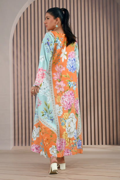 Back angled view of BOLDSTEP floral maxi dress highlighting bold color contrast of orange and mint with blooming floral prints | BOLD STEP | BOLDSTEP.PK | BOLDSTEP STORE.